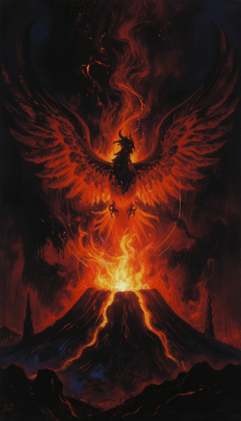 Art purifies our souls from the dust of everyday life... and it is from this reflection that we create a shocking, expressive and dark image in the spirit of Jules Verne. A majestic phoenix emerges from a dystopian landscape in the chaos of a volcani