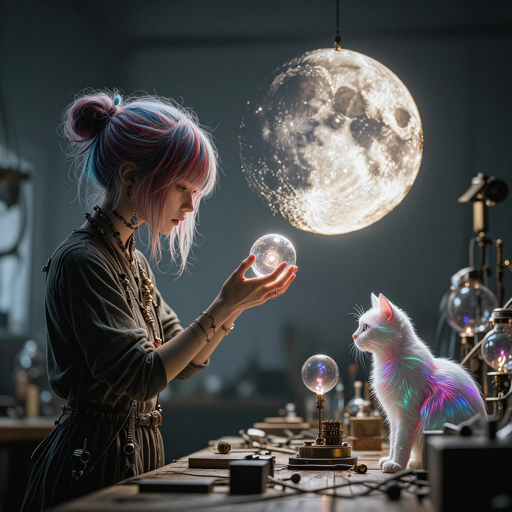 A kaleidoscopic steampunk workshop where an androgynous inventor with wild color-changing hair conducts glowing energy spheres, one forming into a second moon of iridescent purples and golds, while a prismatic cat made of light observes the experimen