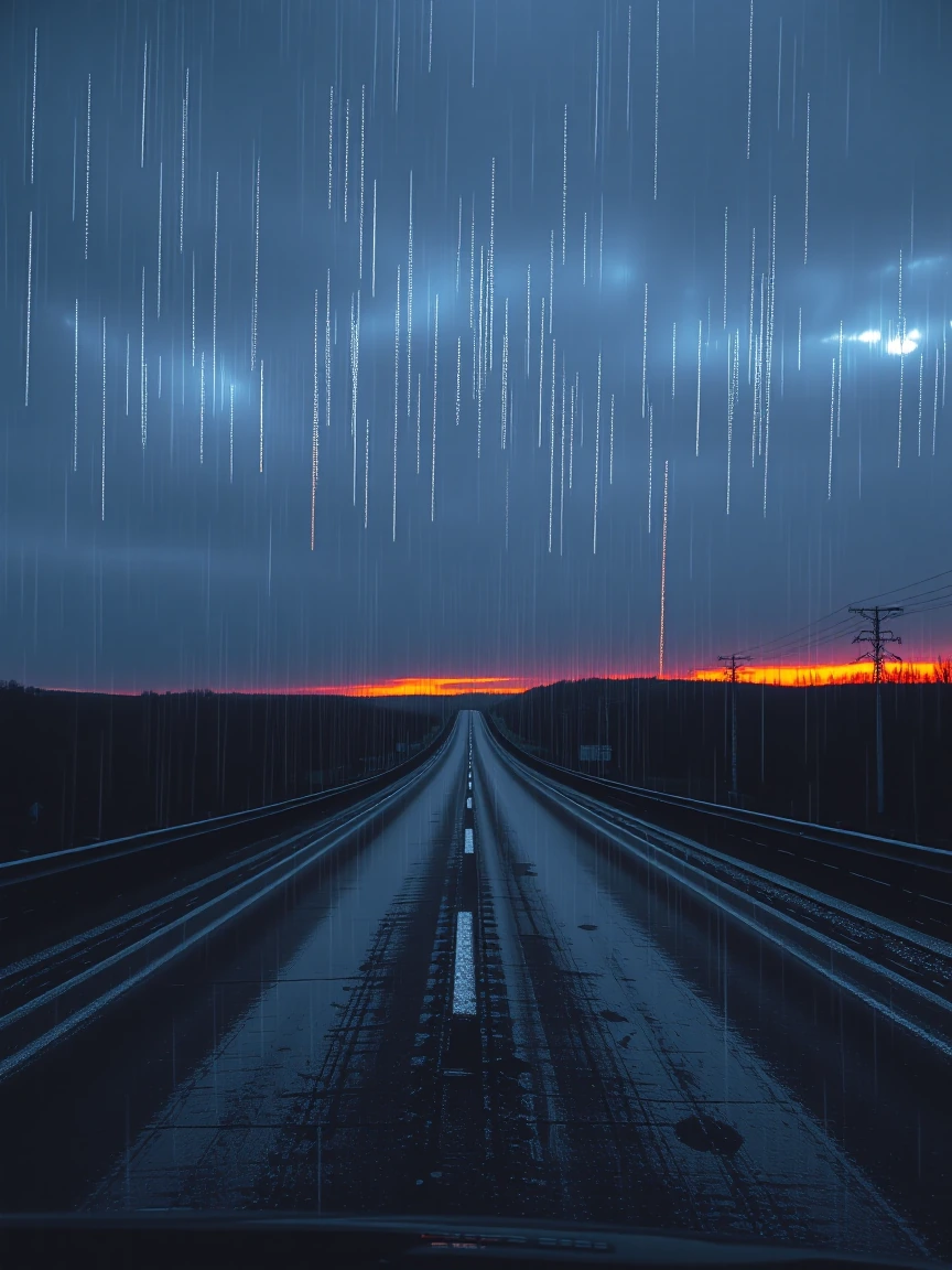 Empty highway at dusk stretching to the horizon, shot from ground level with rain suspended mid-air falling upward in defiance of gravity, each droplet catching amber and violet twilight like ascending stars, shot in the style of a long-exposure phot