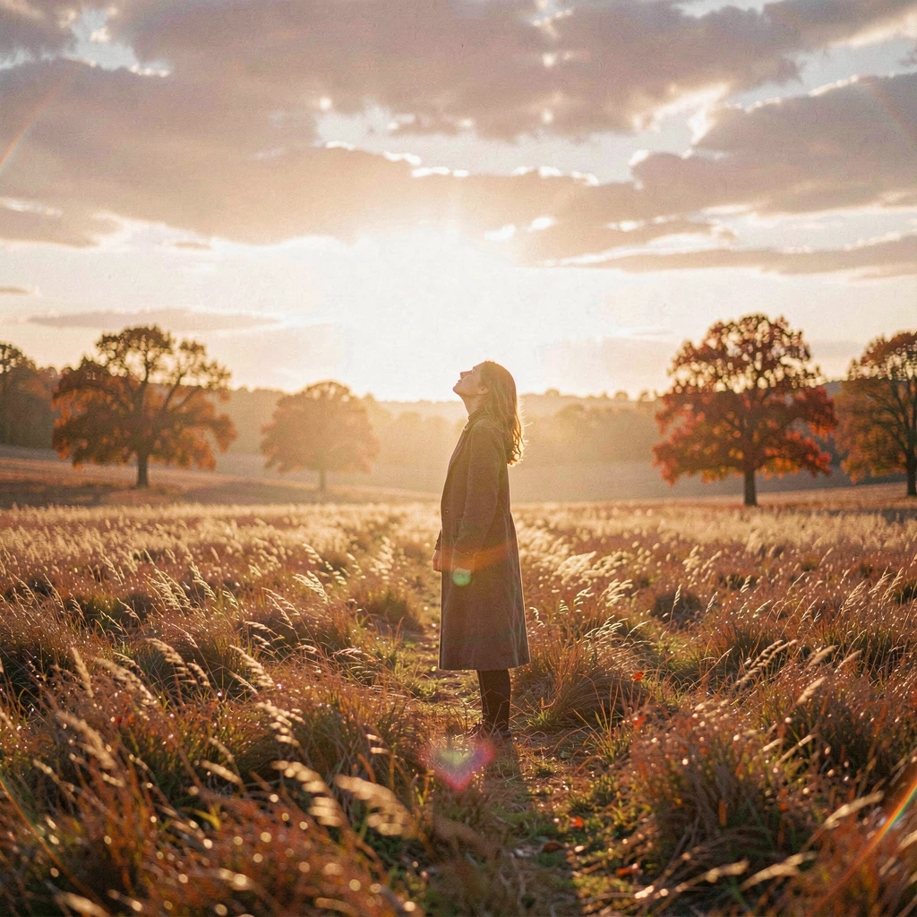A solitary figure stands at the edge of an expansive autumn field, face tilted upward toward the sky as the last golden ray of sunlight breaks through distant clouds, illuminating their silhouette against a tapestry of amber, rust, and copper-hued gr