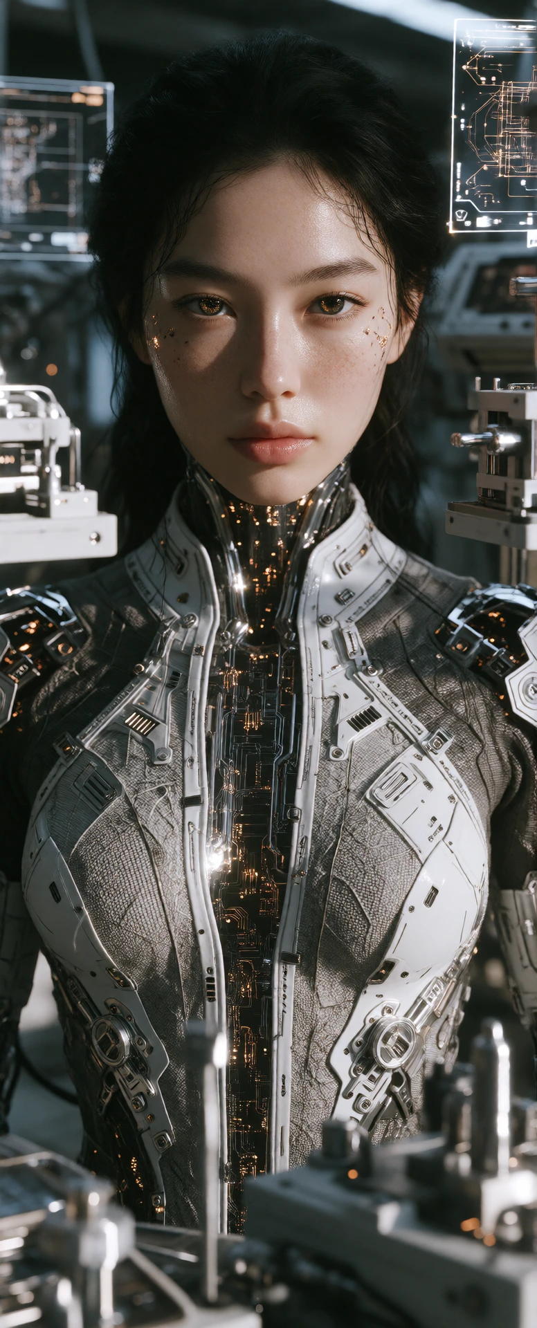 An ultra-long, narrow vertical portrait photograph (9:21 aspect ratio), captured with hyper-photorealism, focusing on a highly intricate female cyborg. The right side (her left) of her face features flawless, pore-level textured skin with natural fre