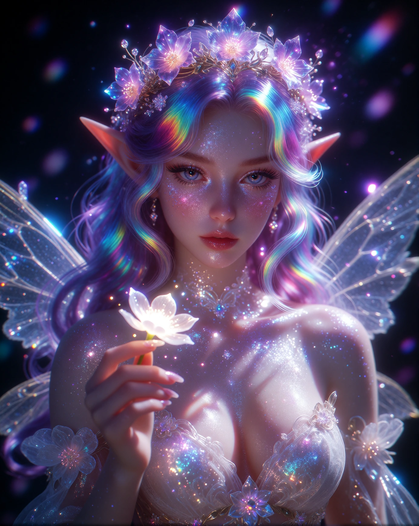 Portrait of a fantasy fairy elf girl with large pointed ears, wearing an intricate crown of glowing purple and blue crystalline flowers and petals. Sh