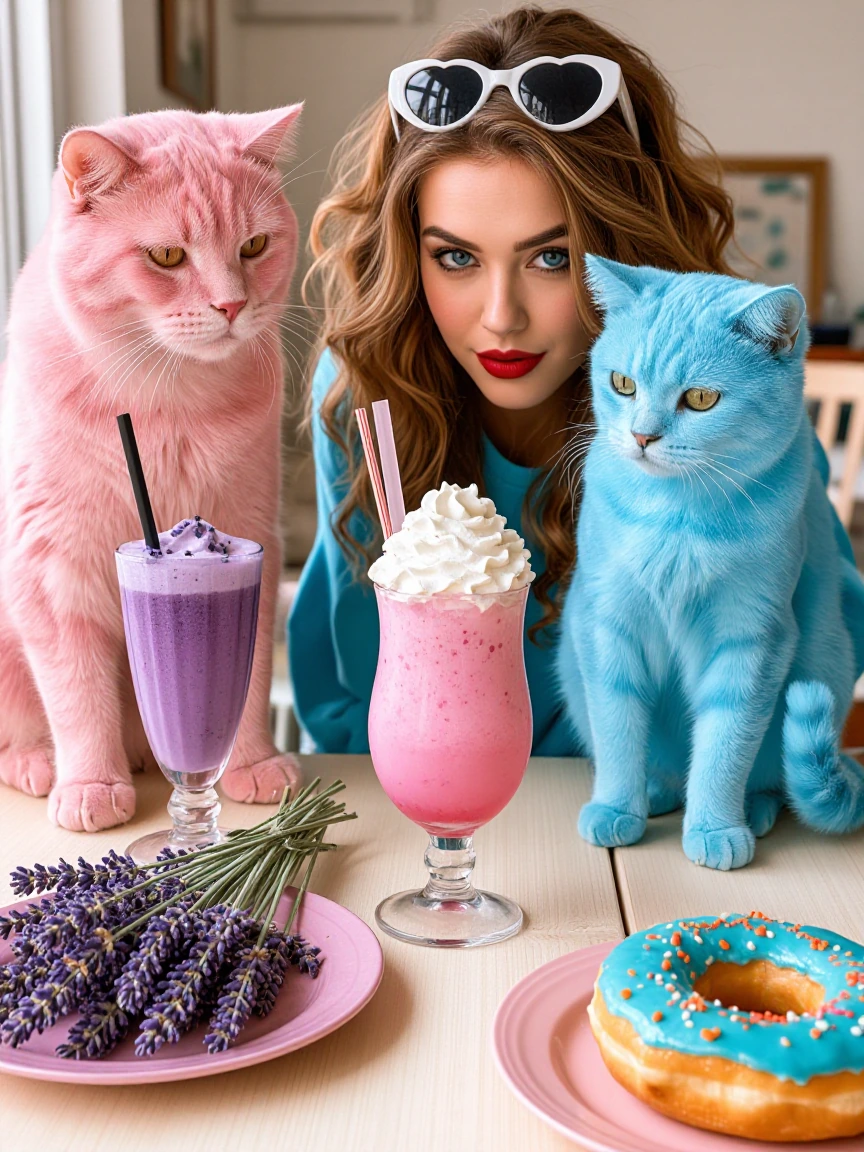 Lavender, cat, lavender milkshake, pink cat, pink fancy frappe, blue cat, blue doughnut, crazy girlfriend peeking behind them. Fun morning.