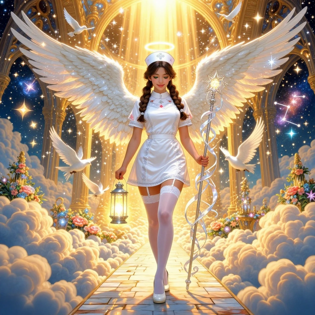 A breathtaking celestial nurse angel stands among glowing clouds and radiant golden light in the heavens. She has long brunette hair styled in playful pigtail braids, soft emerald eyes, and a warm, compassionate smile. Her pristine white nurse unifor
