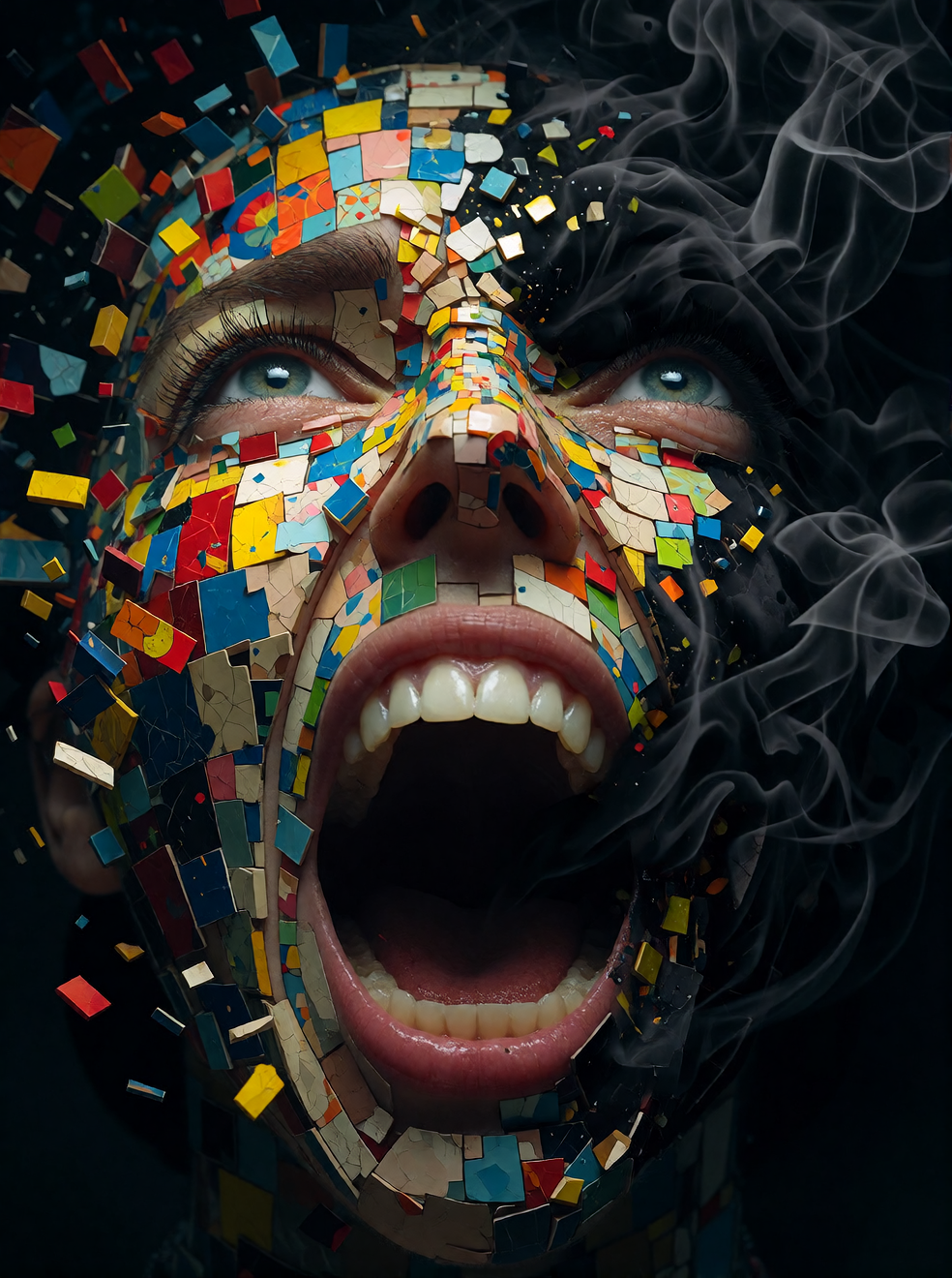 Close-up of a human face screaming in anguish, but instead of realistic flesh, the face is constructed from hundreds of small, colorful fragmented parcels and abstract geometric pieces, each piece representing a thought, worry, or pressure. The color