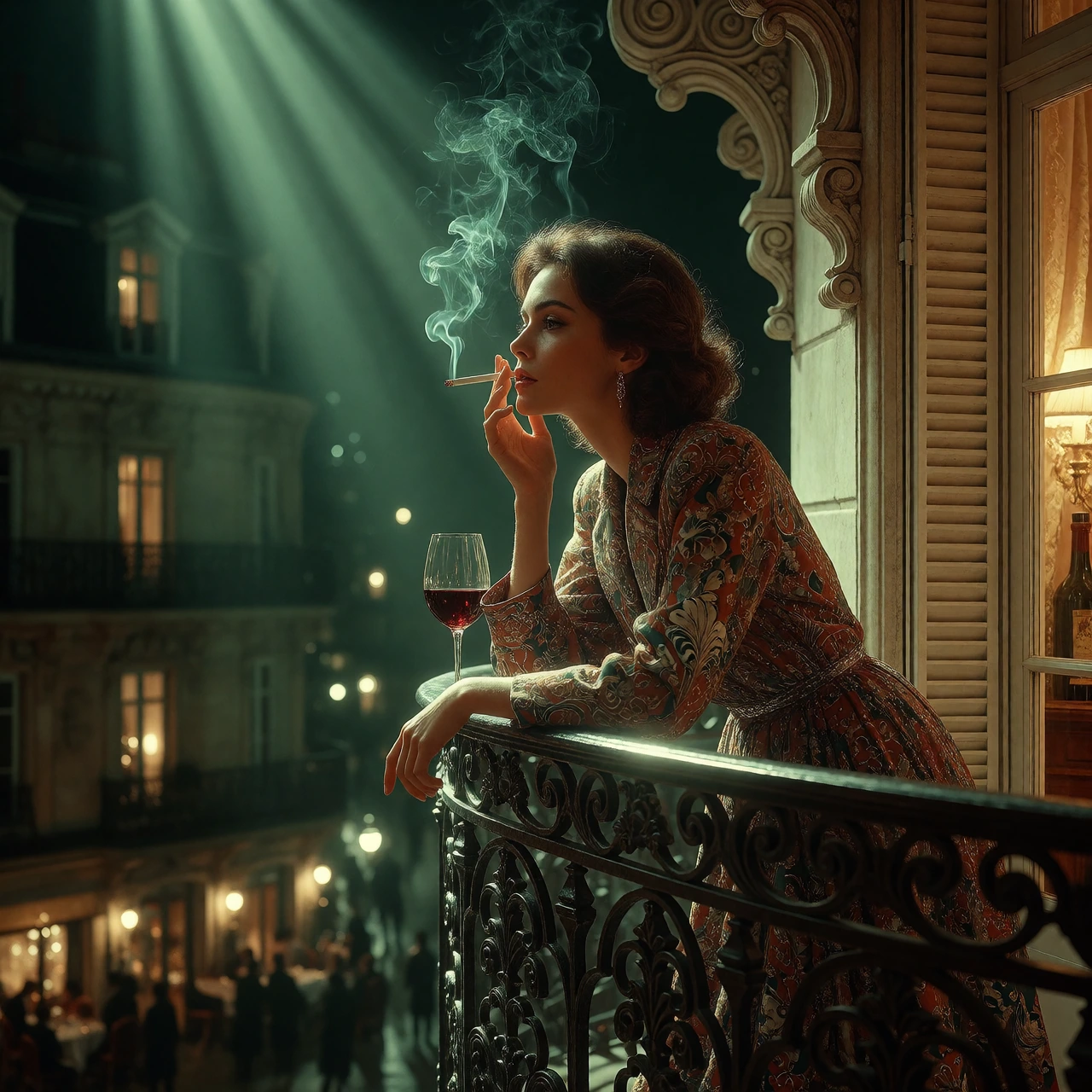 A sophisticated woman standing on a balcony at night, leaning forward against the railing with her elbows resting on it, one hand supporting her head.