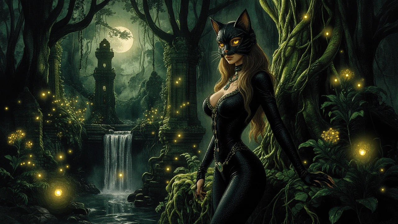 A highly detailed, romantic vintage watercolor painting of an enchanting feline woman in an intimate natural landscape. The artwork is dominated by a breathtaking deep emerald green, obsidian black, and glowing amber palette with dappled moonlight. S