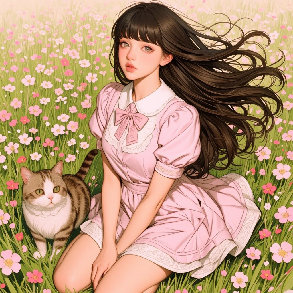 Beautiful springtime themed 20 year-old woman in a flower field with her cat, springtime themed minidress , pastel colors, windy, anime photography mixture, Japanese inspired manga style, airbrushed soft ink outlined photograph