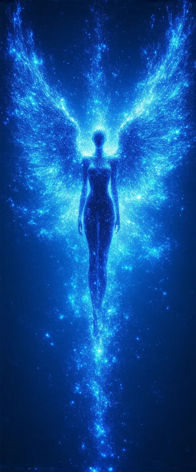 A still, hyper-detailed celestial being with crystalline wings, and bioluminescent inscriptions, rendered with controlled optical-perception design in