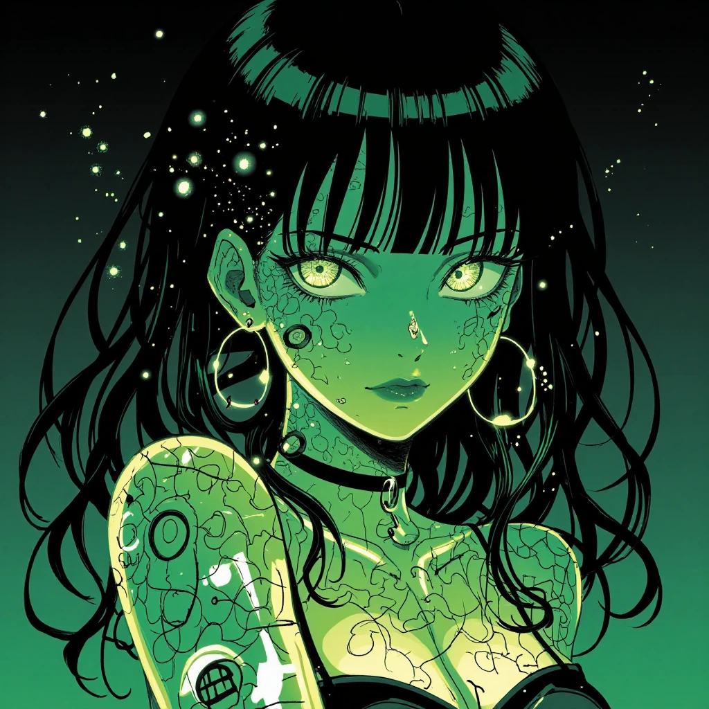 Hazard chemical girl toxic glowing green cyberpunk aesthetic