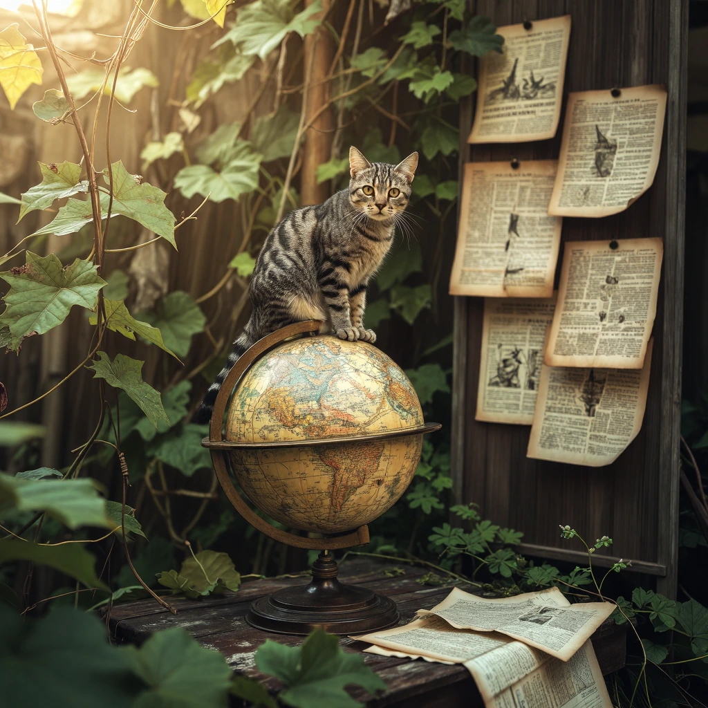 A tabby cat sitting on a weathered antique globe in an overgrown garden filled with faded paper and vintage cartography, soft golden afternoon light filtering through vines