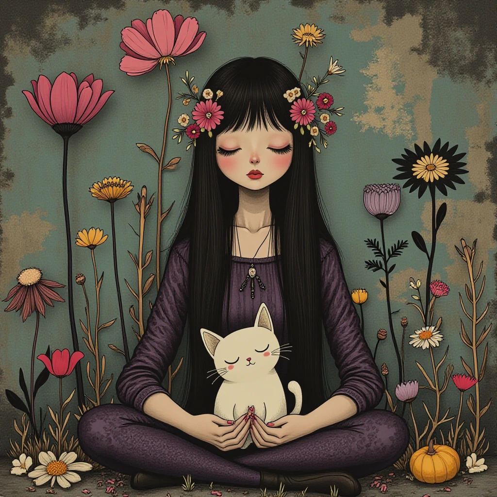 A hauntingly beautiful woman with her tiny cute cat seated with knees drawn up against a weathered wall, adorned with wilted dead flowers woven throug