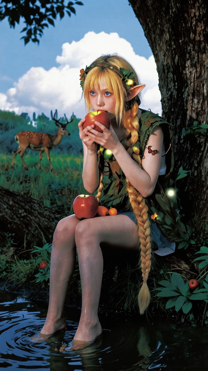 absurdres, masterpiece, score_7, score_8, @bottlngsunshine, 1girl, nature, braid, flower, sitting, tree, outdoors, forest, hair flower, hair ornament,