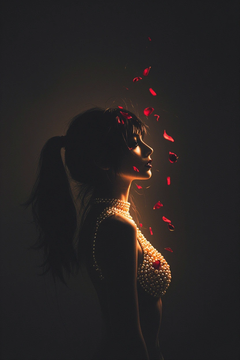 Brunette Woman with high ponytail in profile, pearl-encrusted shoulder piece glowing from within like molten glass, dark hair catching crimson rose petals mid-fall. Single shaft of warm light cuts through deep shadow across her face, catching the pea