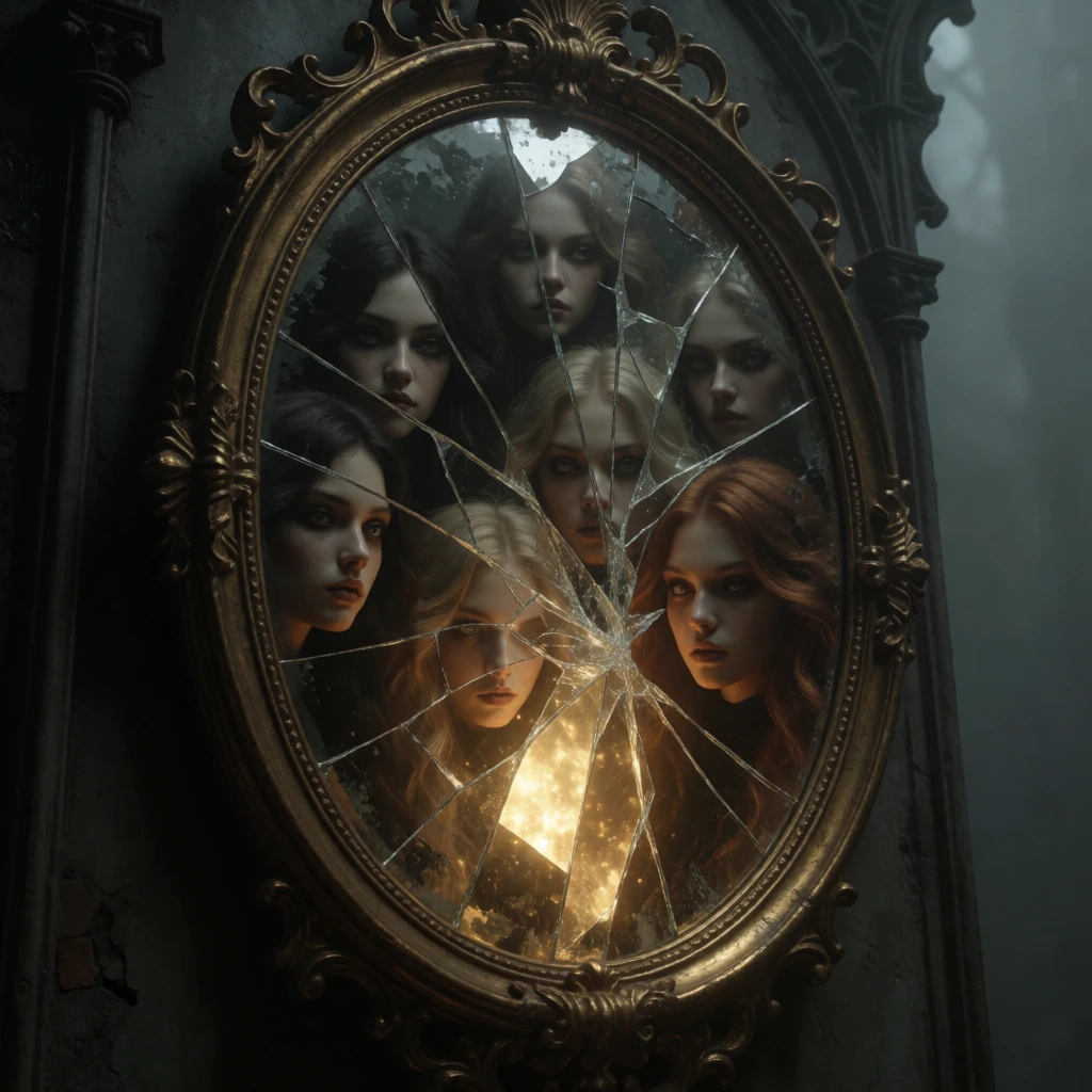 A cinematic masterpiece of dark fantasy: a close-up of an antique, gilded and richly decorated oval mirror, hanging on a dark and melancholic Gothic wall. The mirror’s glass is completely shattered and fractured into countless irregular shards. Withi