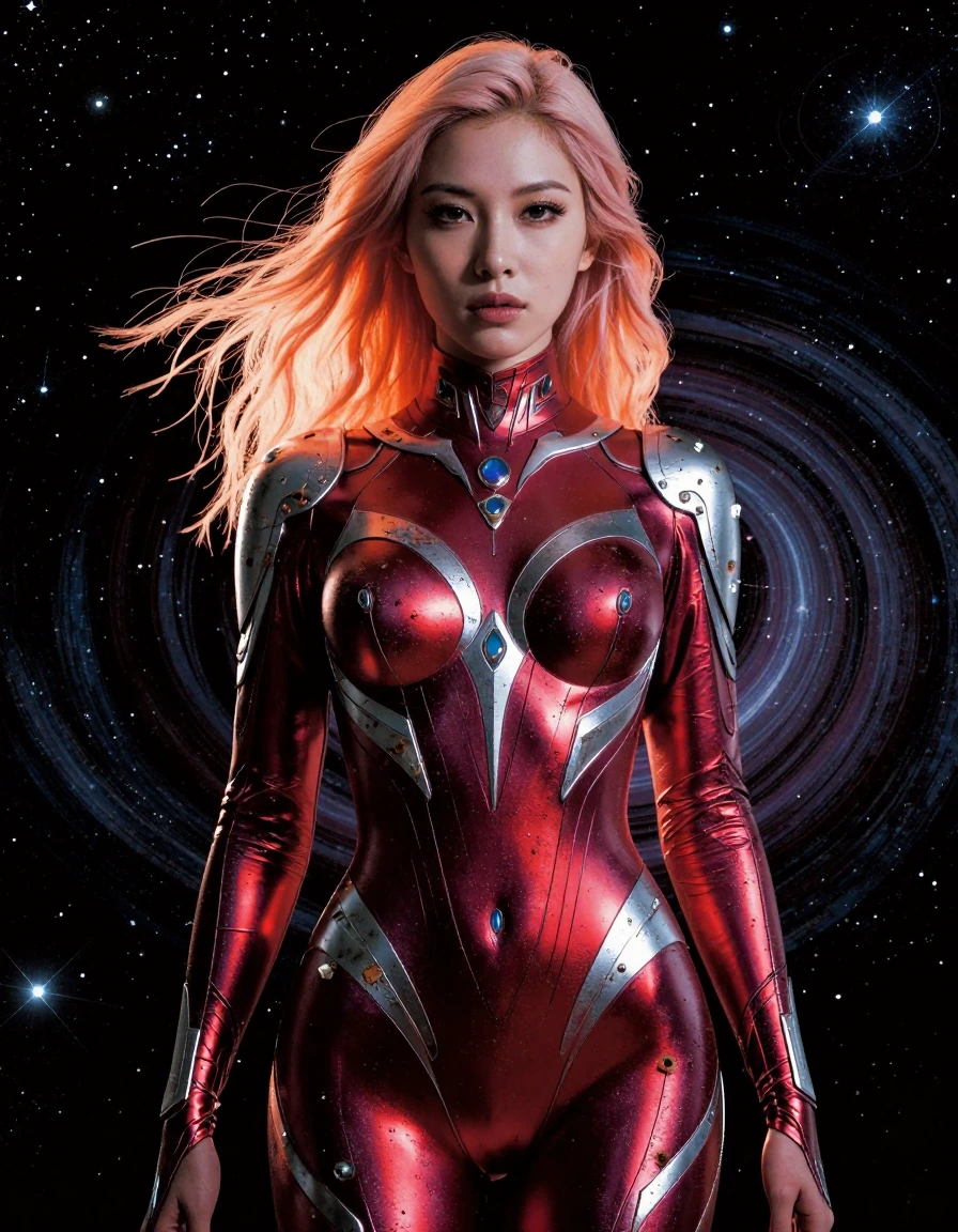 The image features a futuristic female character set against a stunning cosmic backdrop. She is adorned in a form-fitting, metallic bodysuit that shim