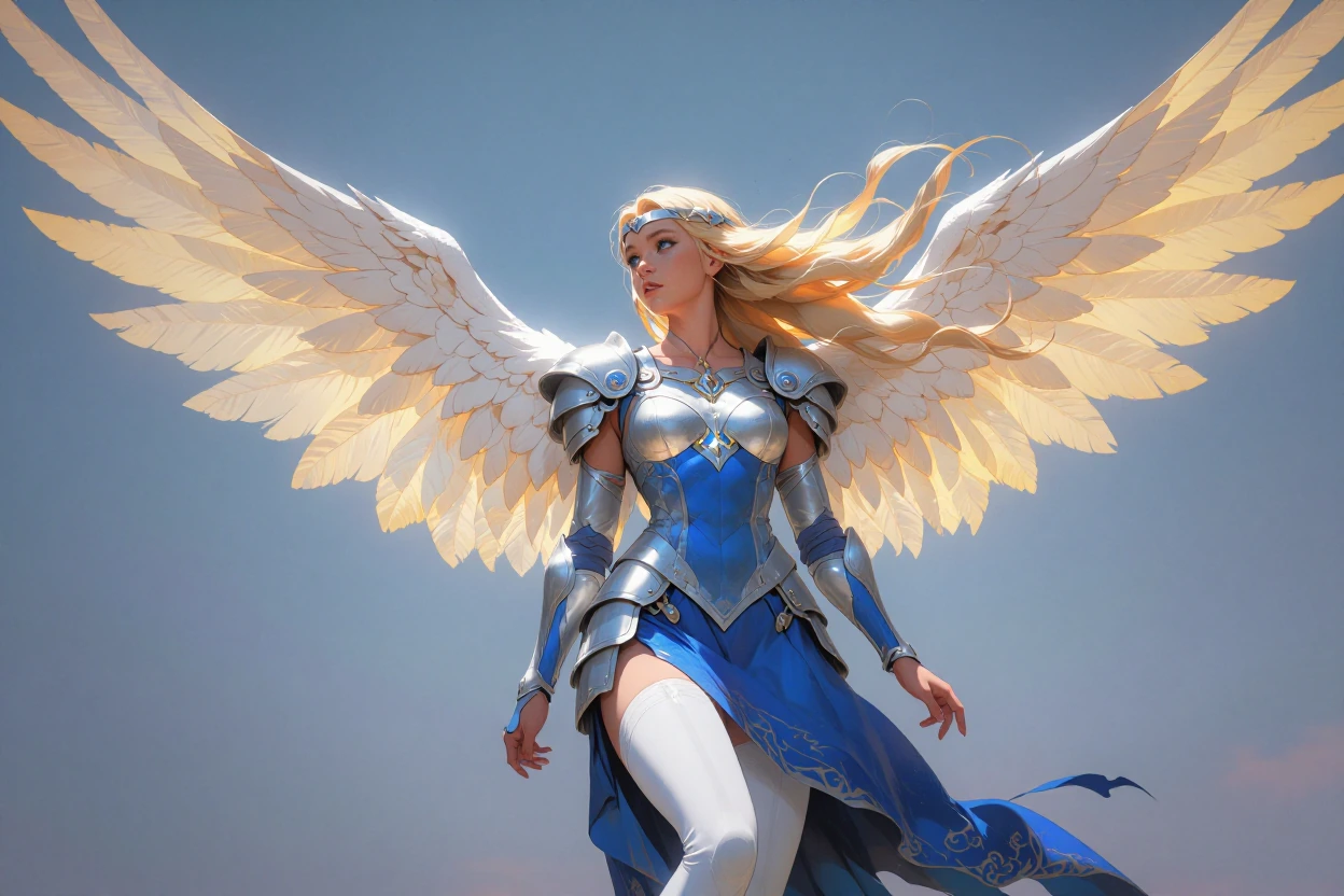 masterpiece, best quality, amazing quality, very aesthetic, (flat colors:1), (Artist:ilya kuvshinov:1), Valkyrie, blue eyes, long hair, blonde hair, feathered wings, light yellow wings, hair ornament, visor, blue armored dress, gauntlets, white thigh