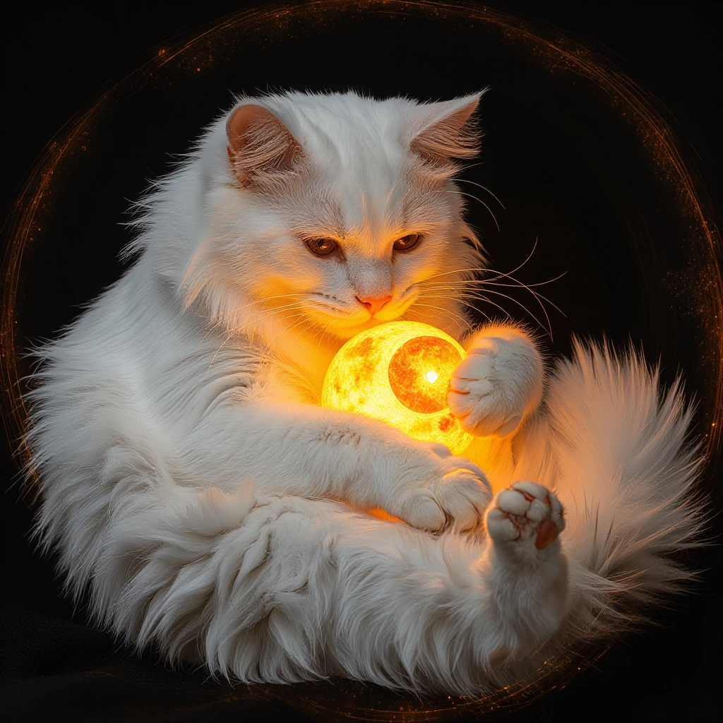Midjourney Prompt ultra photorealistic wildlife-style photography, a long-haired pure white cat tightly embracing a miniature blazing sun against its