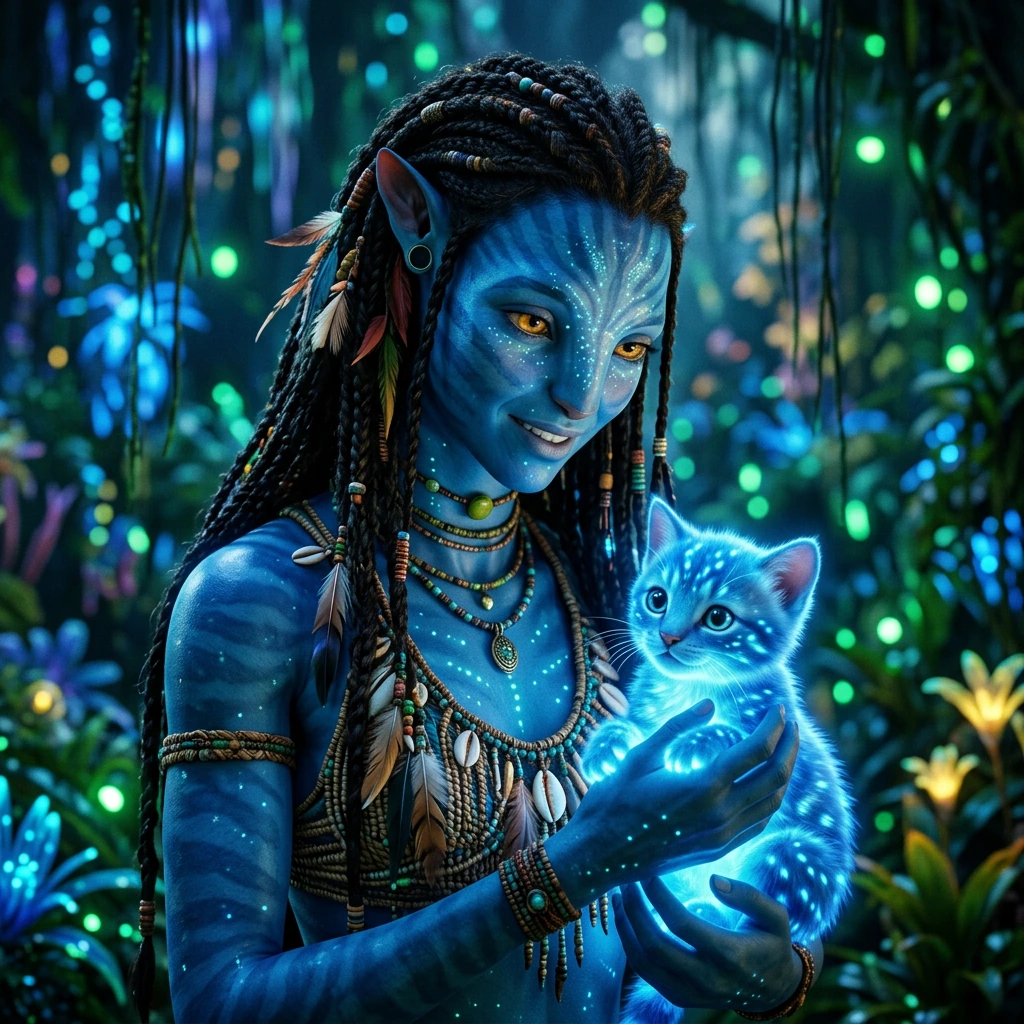 cinematic closeup shot of a na'vi woman from the avatar movie, holding a cute glowing blue cat. portrait, with beautiful blue skin and long braided hair, wearing a tank top with jewelry patterns. green lights in the background, in a hyper-realistic s