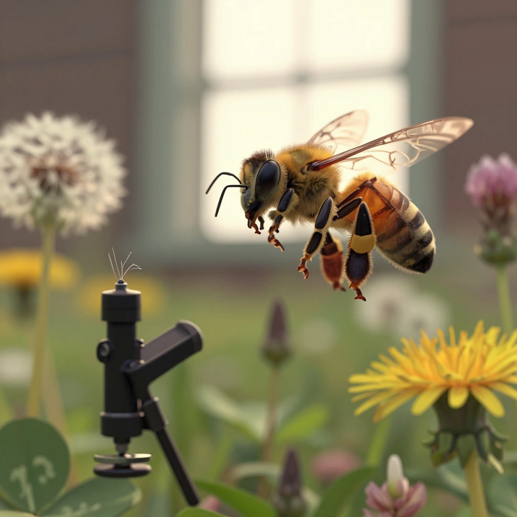 Macro photograph of a honeybee gripping a miniature gas-powered string trimmer with her front legs, hovering over a wildflower garden scaled to her size. Shallow depth of field: compound eye razor-sharp, body dusted with pollen, the trimmer's string 