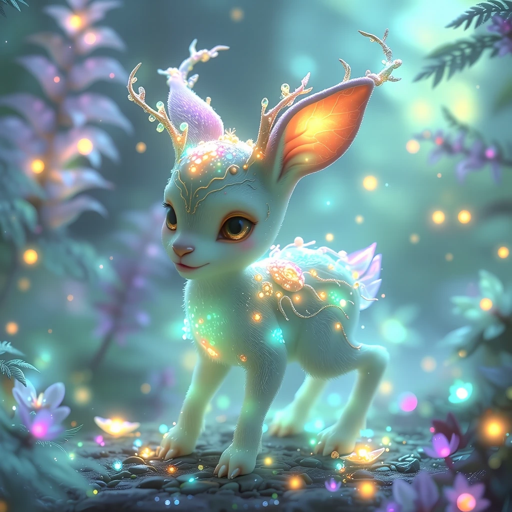 Adorable quadrupedal fantasy creature, delicate fawn-rabbit hybrid body, covered in impossibly soft velvety fur, bioluminescent spores blooming along 
