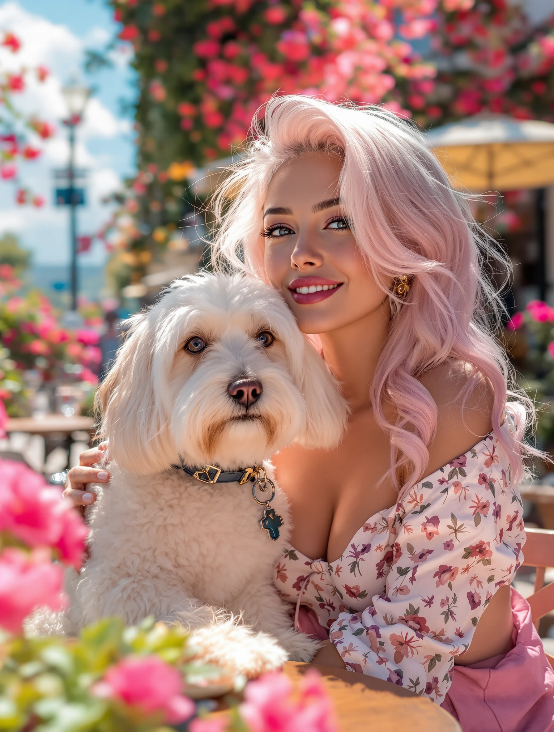 Beautiful woman, platinum, pink ombre hair with her Maltese at a café, sunny skies, flowers, airbrushed manga style