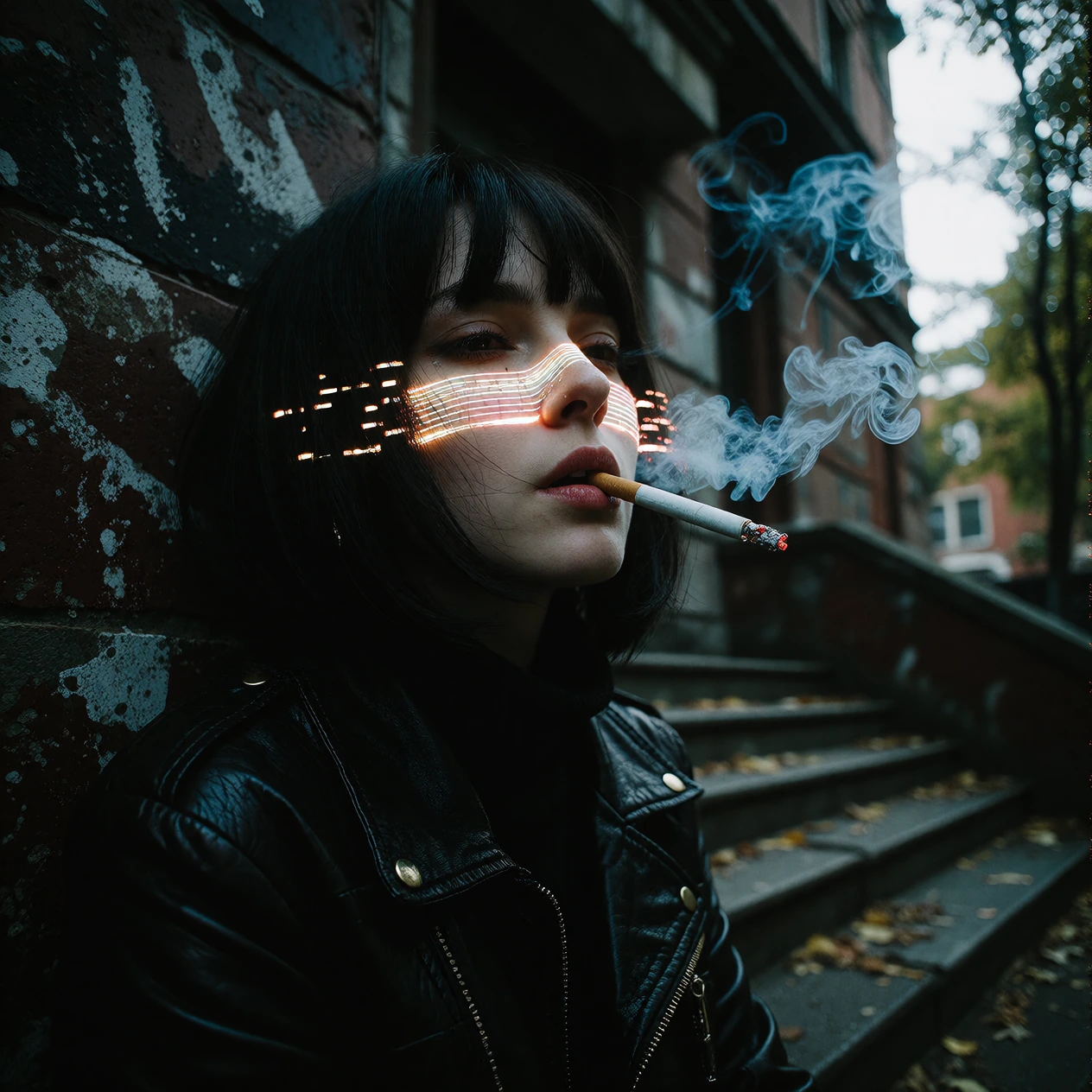 Glitch woman smoking a cig near building steps