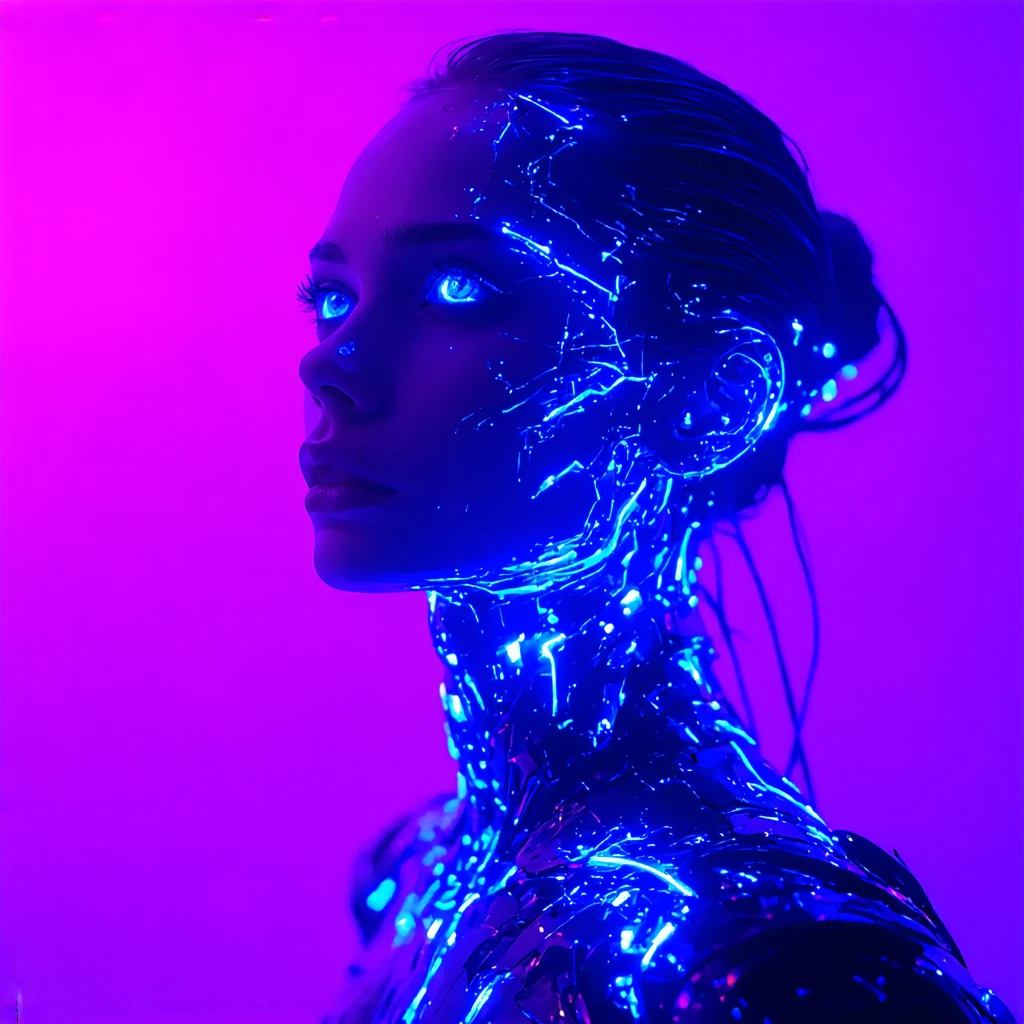 A striking cyberwoman with luminescent synthetic skin, chrome and obsidian mechanical features seamlessly integrated with organic tissue, piercing ele