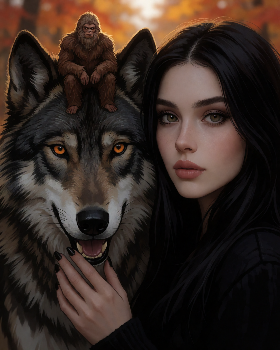 Weirdcore goth dire wolf with a tiny Sasquatch. Beautiful woman close-up. Beautiful autumn background.