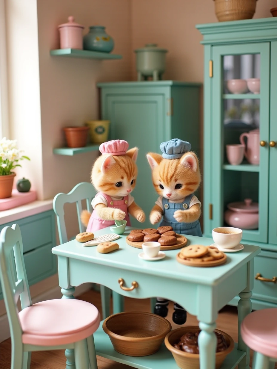 Kodak photograph. cute tiny toys, kitchen scene. Fuzzy Kittens in hats baking cookies. Shabby chic attire and decor. Turquoise antique kitchen furniture. We see cookies, bake ware. , flowers, beautiful pastels very cute toys. No depth of field.