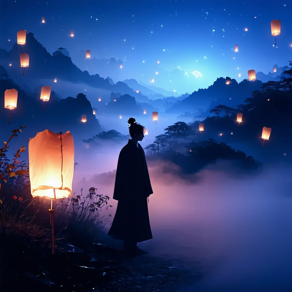 ethereal dreamscape with floating lanterns, atmospheric fog, character silhouette