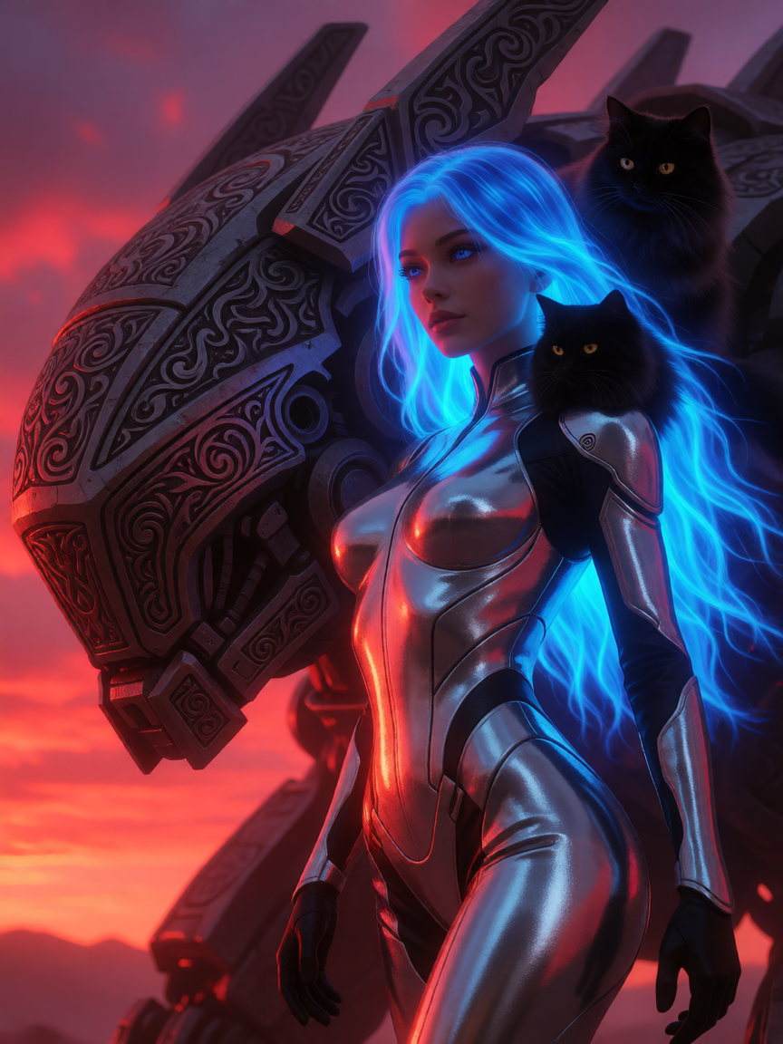 A beautiful glowwave woman with a sleek, metallic silver bodysuit and vibrant, neon-blue hair standing next to a gigantic, intricately engraved mech u