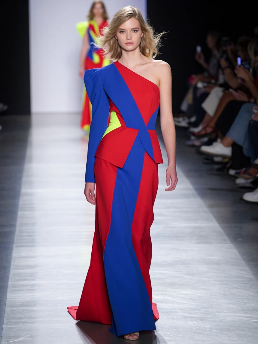 A high-fashion runway scene featuring a striking blonde female model confidently posing mid-walk, captured in a dynamic editorial style. She wears avant-garde couture with vivid, saturated colors—bold reds, electric blues, and neon accents—featuring