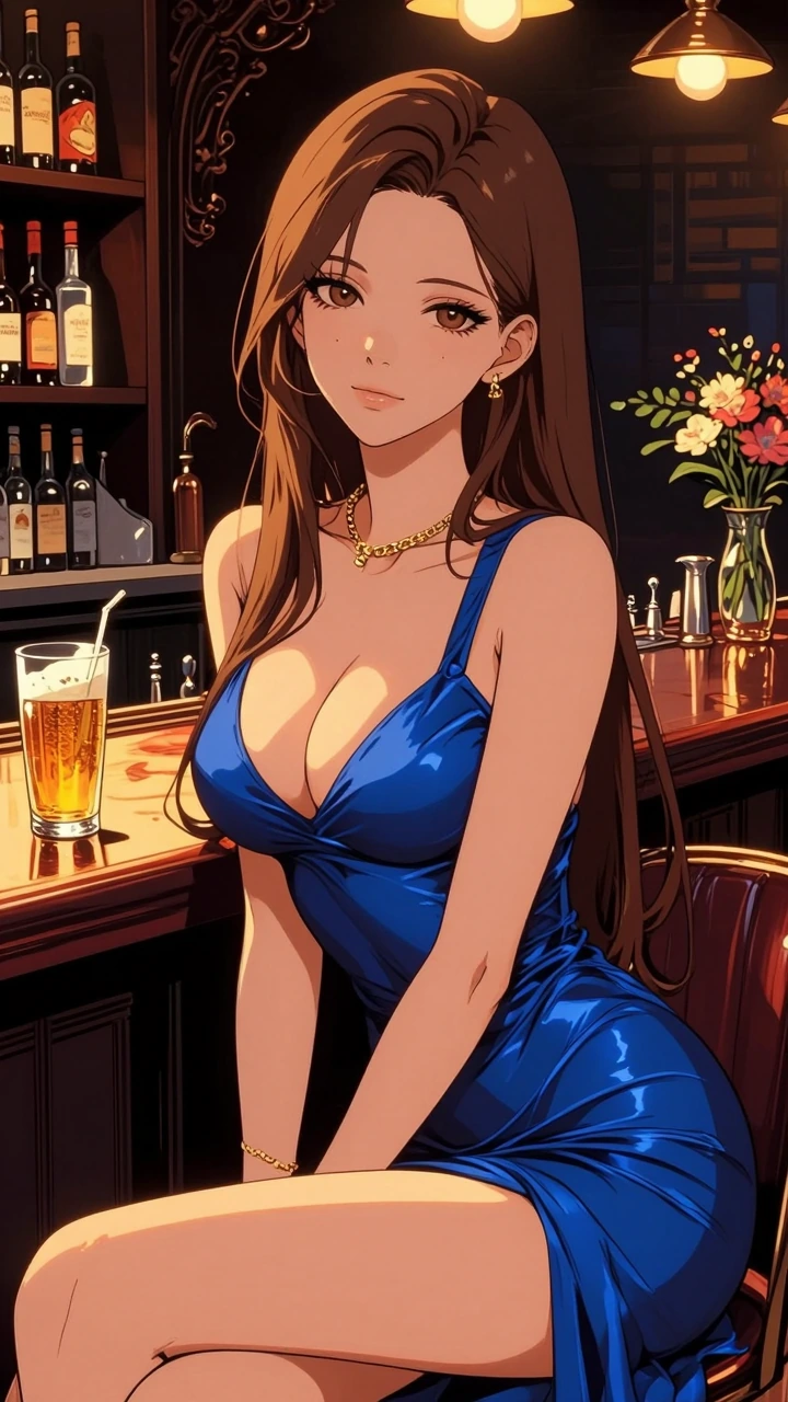 a highly detailed, digital illustration of a young woman sitting at a bar counter in a dimly lit bar, she has long, flowing brown hair that cascades over her shoulders, framing her face, her skin is fair and smooth, with a slight tan, she has large,