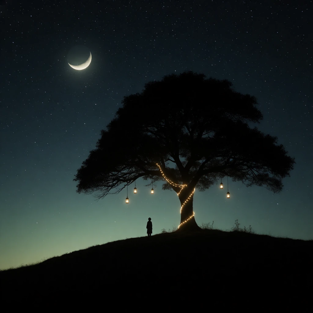 A tiny solitary figure standing on a dark hill beneath an enormous star-filled night sky, facing a large tree wrapped in delicate warm lights. The tree’s canopy spreads wide and heavy against the blue-black sky, its trunk glowing with a thin golden t