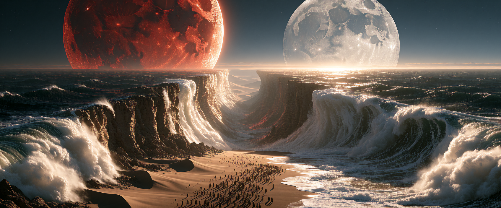 Two colossal full moons hang low on opposite horizons, one blood-red and one pale silver, their gravitational pull tearing the ocean apart—the sea spl
