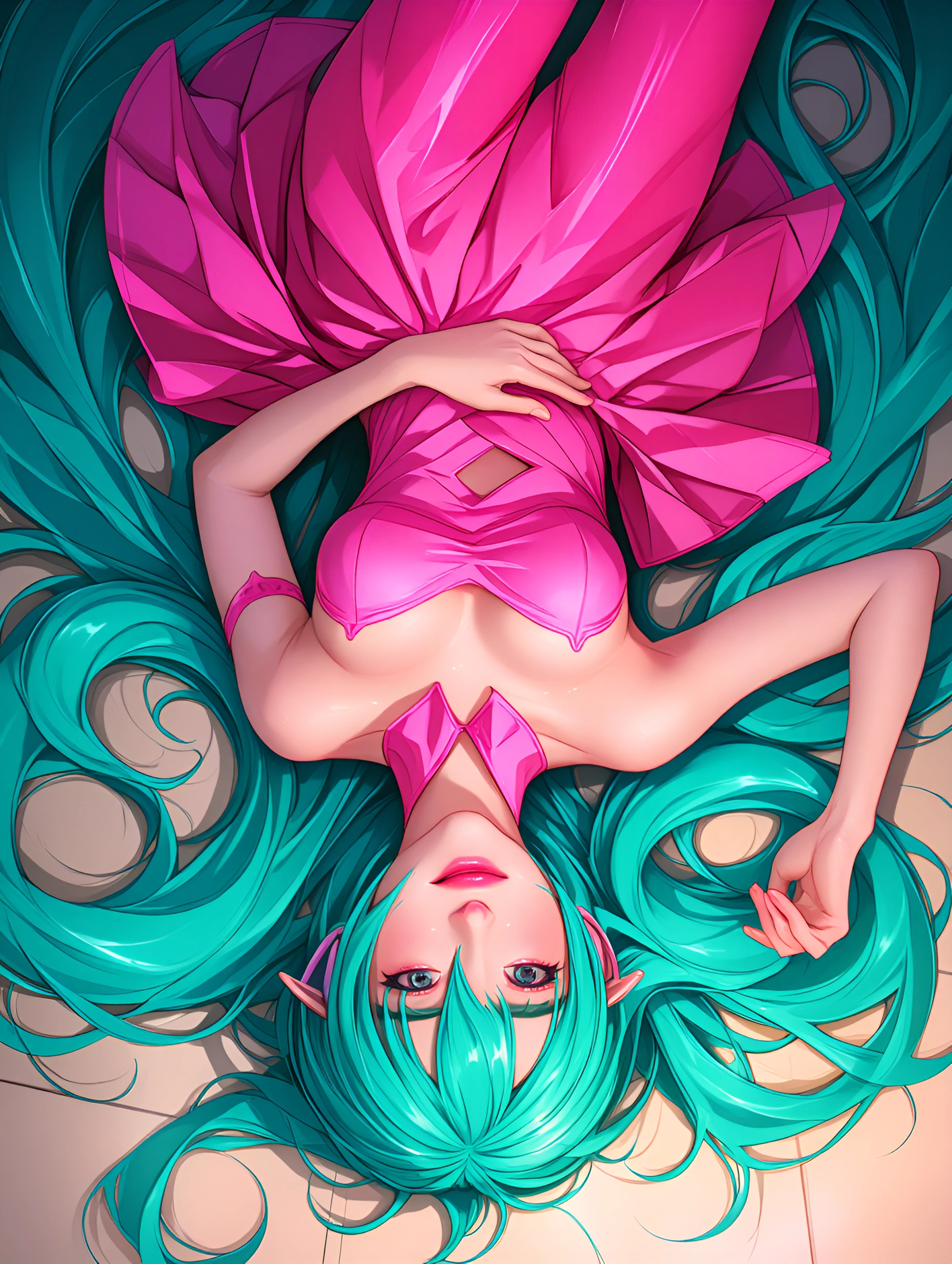 masterpiece, 1girl, solo, Hatsune Miku laying over floor tile, full white background, no bots, magical girl pink dress, turquoise hair, Expressiveh, Semi-realism, blue hour, late night, full body shot, looking at camara, perfect proportions, best qua