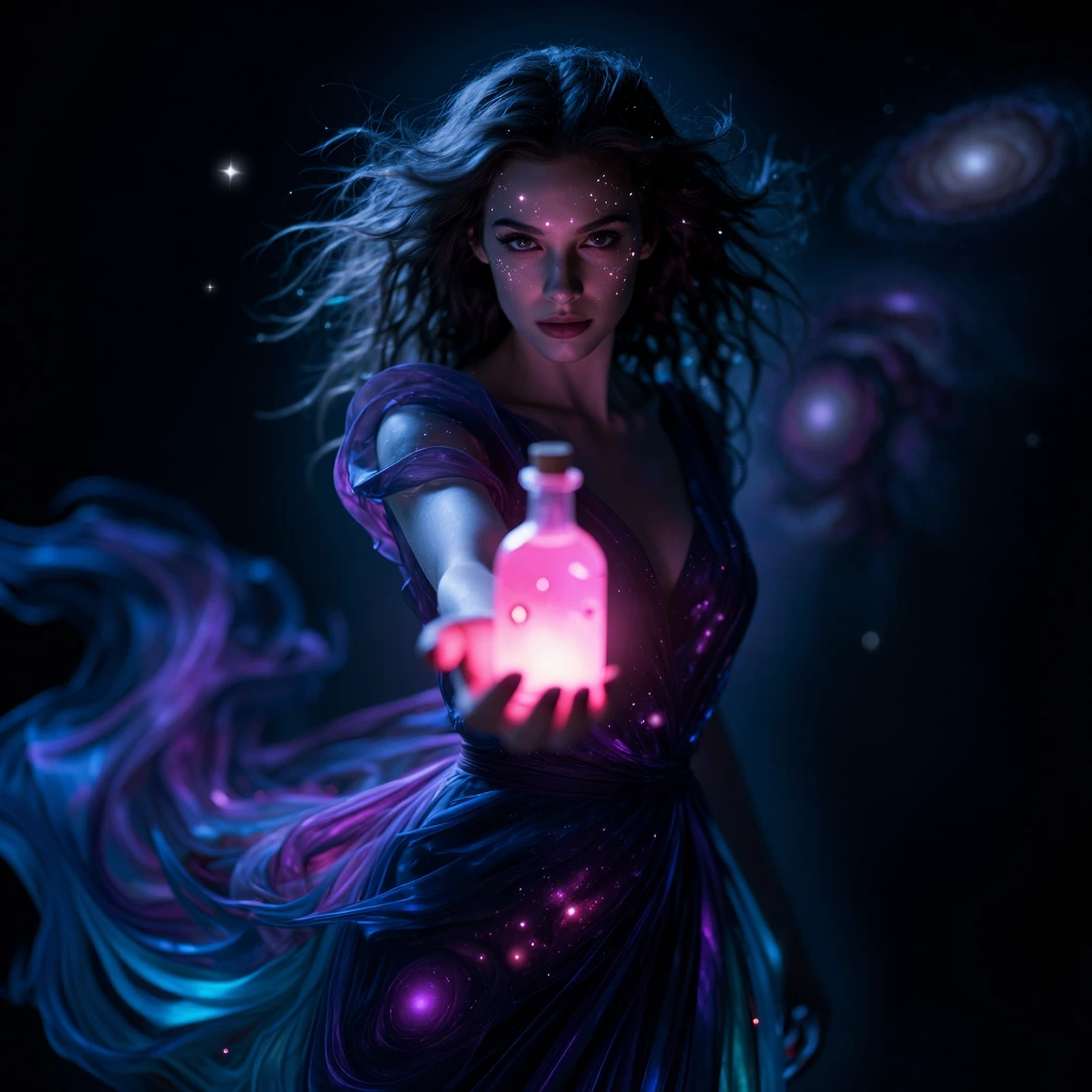 A young woman draped in a cosmic gown made entirely of swirling galaxies, nebulae, and star clusters extends her arm directly toward the camera, offering a small luminous pink potion bottle in her open palm. The bottle glows with a warm rose and mage