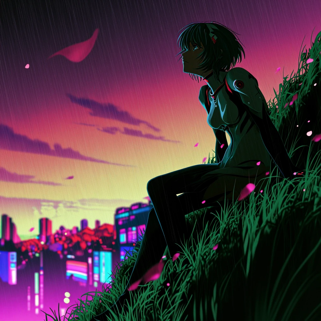 1girl, solo, ayanami rei, plugsuit \(evangelion\), from below, sitting, hill, tall grass, flowers, wind, petals, gradient clouds, negative space, mina