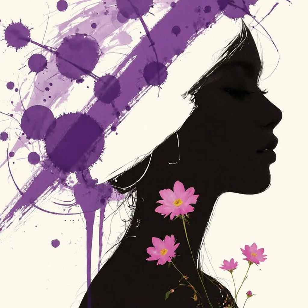 a digital art piece depicting a silhouette of a person's face and upper body, the person's head is covered in a layer of white and purple brush strokes, creating a splatter-like effect. The brush strokes are arranged in a way that creates a sense of 