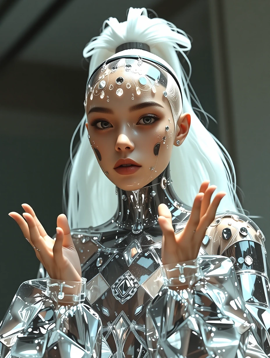 A young woman with ethereal fair skin, sharp elegant features, and extremely long flowing platinum blonde hair pulled into a high sleek ponytail