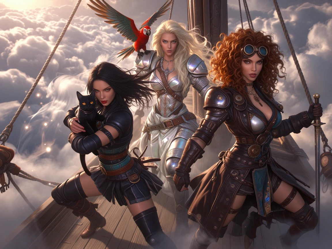 Flying black galleon with pearlescent hull reflecting iridescent light, wisps of ethereal clouds swirling around weathered wooden deck, cinematic aerial perspective, golden hour lighting casting dramatic shadows, atmospheric fog and mist, epic fantas