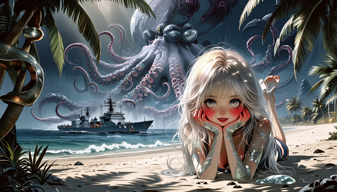 A blonde bombshell with ice blue eyes, crimson lips, her head pillowed upon her hands making direct eye contact with the low angle camera to display her coyishly smirking face, tanning topless on a sandy tropical beach. While in stark contrast in the