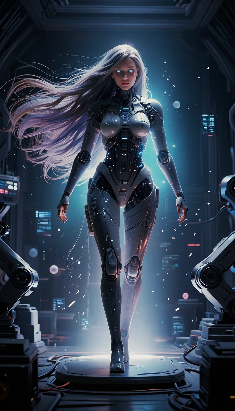 " Create an ultra-detailed, cinematic 2D render of a female human–cyborg hybrid that appears lifelike and subtly animated through advanced optical illusion techniques. The subject stands centered on a raised platform inside a futuristic cybernetic la