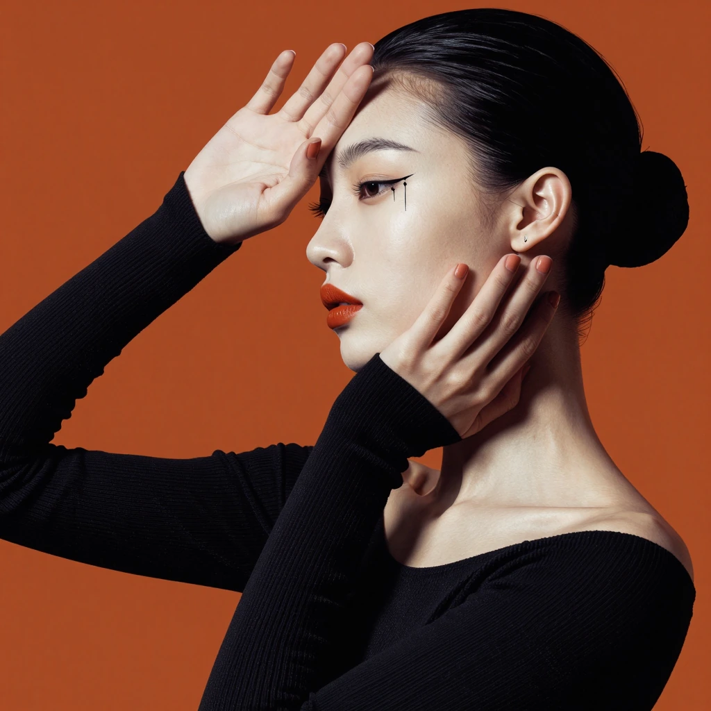 This high-resolution studio photograph presented in a three-quarter view features a stylized beauty portrait of a young East Asian woman whose head is slightly tilted and turned away from the lens toward the left frame edge. The scene is set in a con