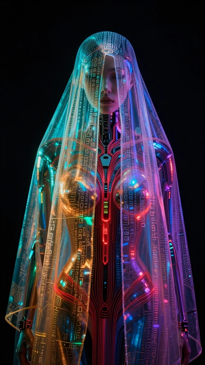 A hyperreal futuristic cyborg rendered in immaculate stillness. Her form is layered in three chromatic depth planes: • Turquoise refractive veils nearest the viewer • Amber holographic silk sheets suspended mid-depth with red-cyan electric fibers. •