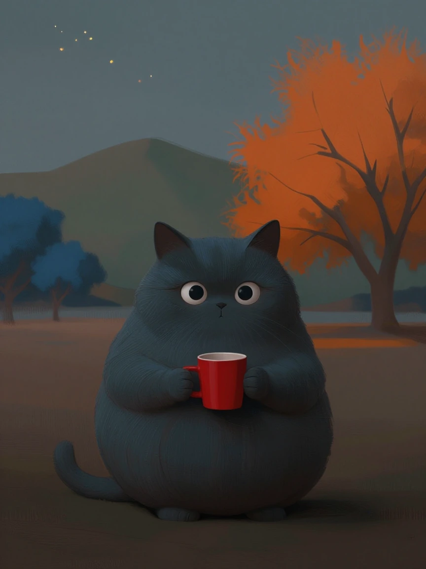 Whimsical, cozy storybook painting of a cat with an oversized rounded body and very large expressive eyes, dark grey and blue fur with visible painter