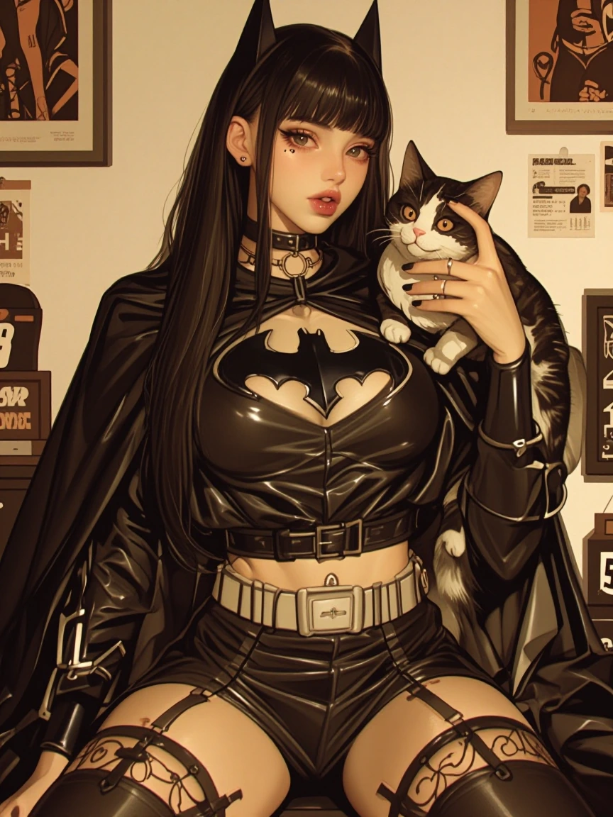 Crazy girlfriend taking a selfie with her cat, she is a Batman fan and you can tell it by her room and her outfit