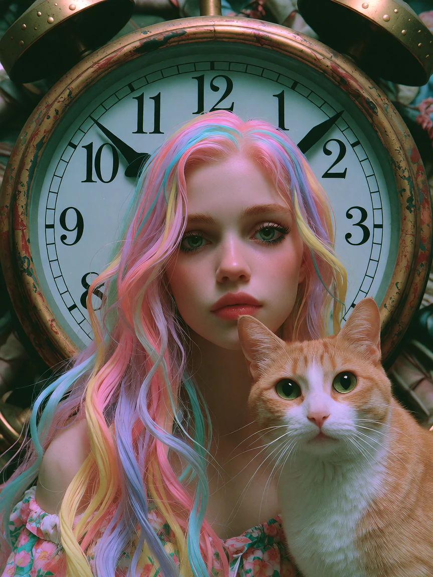 the day the clocks agreed to stop. Colorful surreal style. Add a beautiful woman pastel hair with her cat.