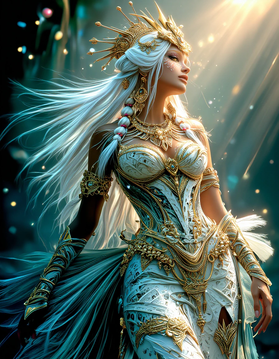 high resolution full-body photograph of a Goddess with hyperornate details, intricate design, White Platinum and metallic gown, beautiful accents, Can